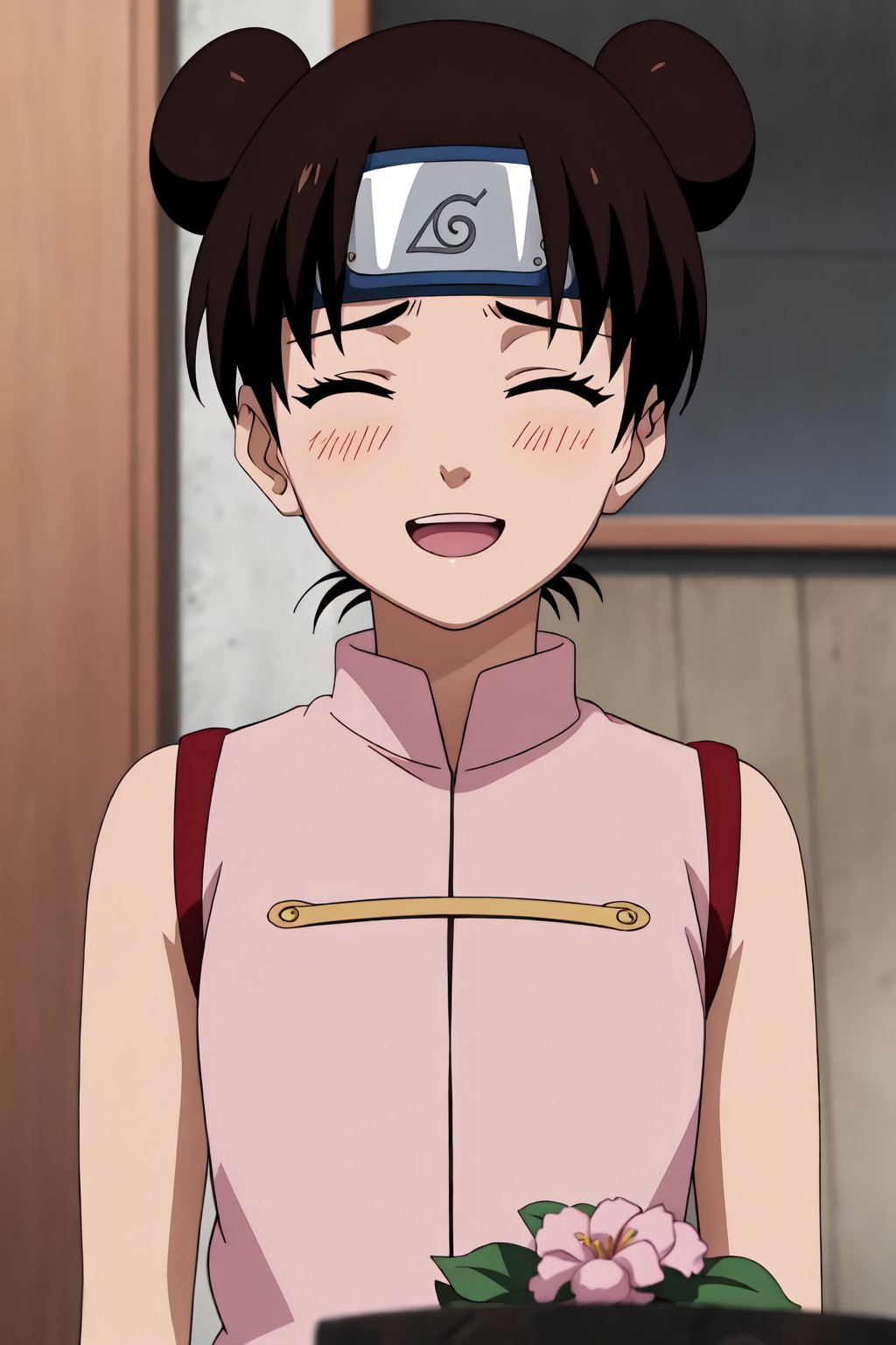 tenten, 4k, absurd, high resolution, very high resolution, high definition, masterpiece, anime_source, 2 bows, short brown hair, "pink sleeveless shirt", girl, upper body, looking_at_viewer, :d, closed eyes, blushing, embarrased<lora:EMS-383091-EMS:0.800000>