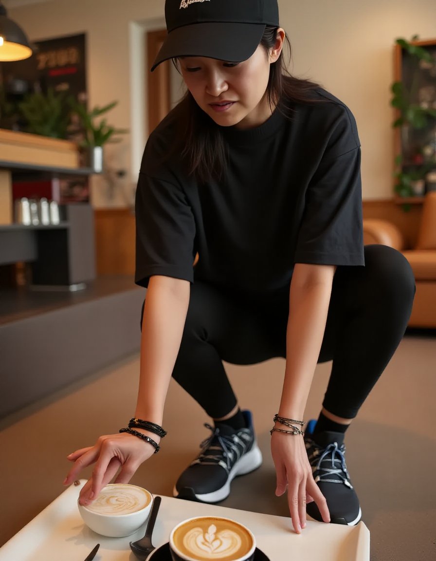 Photorealistic image of a woman,"wears an oversized black sweatshirt, black leggings, and chunky sneakers. She accessorizes with a baseball cap and a few bracelets.""Create a charming image of a woman admiring the intricate latte art in her cup, appreciating the artistry and beauty. Frame the shot from a slightly elevated angle, capturing her from the waist up, with the cafe and latte art in focus. She can have a fascinated expression or a smile of appreciation, wearing a casual outfit that suits the cafe's atmosphere. The background can be a cozy cafe with warm lighting and soft music playing."<lora:ShihoActualJapaneseFlux25K003ov2:1> shiho, (best quality), (masterpiece), 16k, 8K, ultra detailed, detailed skin, detailed face, masterpiece, best quality, ultra-detailed, intricate details, high resolution, 8k, sharp focus, vivid colors, high contrast, cinematic lighting, [:(smile for camera):0.3]