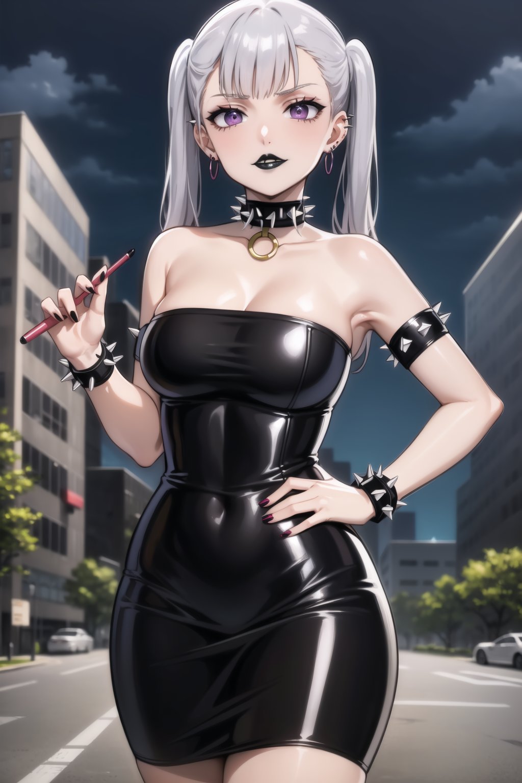 masterpiece, best quality, highres,Sexy, ((spiked collar,spiked:1.3)), (gothic,lipstick, black lips:1.4),(bondage,dominatrix),bdsm,(( latex:1.4)) noelle_silva, silver hair,purple eyes, twintails, bangs, earrings, jewelry ,hoop earrings:1.3, with astounding soft skin and soft pale body, (intricate short Black dress:1.4), (spiked bracelet), corset:1.4, (black hoop earring:1.3), curvaceous, voluptuous body, (black tube top:1.2), black choker, pencil skirt, miniskirt, (black skirt),, elegant, outdoors, modern, looking at viewer, best quality, absurdres, best aesthetic, sensual look, looking at you, lips, strange fashion Women'sday_theme (Professional illustration),RockOfSuccubus,black lips<lora:EMS-401523-EMS:0.800000>, <lora:EMS-12629-EMS:0.600000>