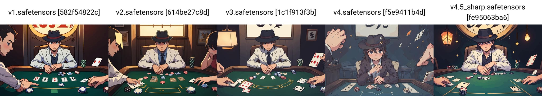 (best-quality:0.8),(best-quality:0.8), perfect anime illustration, a man playing poker wearing a fedora