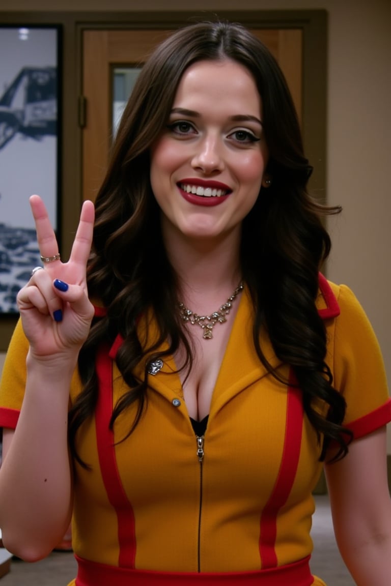 a photo of a max from two broke girls woman with long dark hair wearing a yellow and red uniform and necklace in a restaurant smiling looking directly at the camera doing a peace sign<lora:Max_from_Two_Broke_Girls:1>