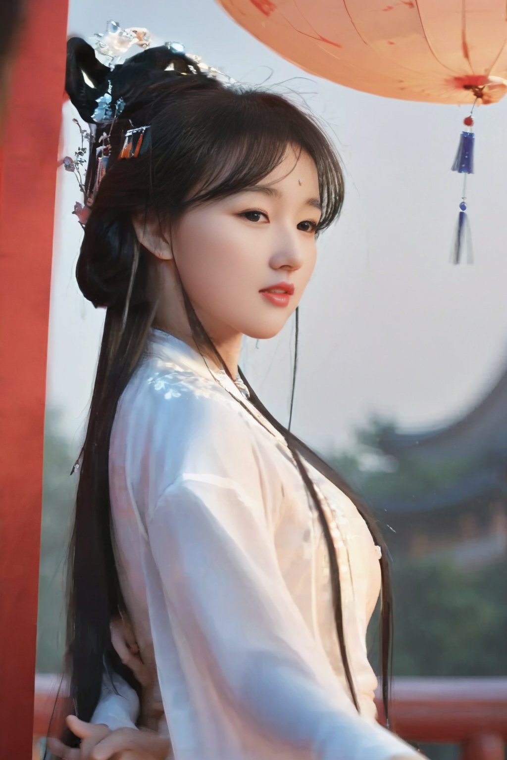 (global illumination, reality,ray tracing, HDR, unreal rendering, reasonable design, high detail, masterpiece,best quality, ultra high definition, movie lighting),1girl,outdoor,looking_at_viewer,side_blunt_bangs,china_dress,chinese_style,big breasts,pose,solo,1girl,black hair,black eyes,  hanfu <lora:HanfuSongWutaiXj:0.8>