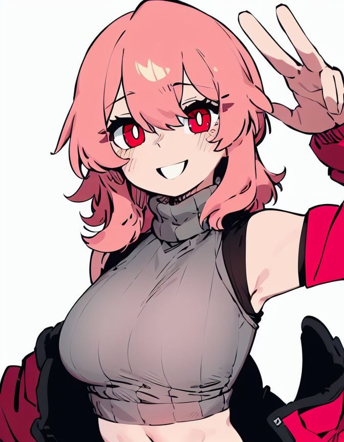 masterpiece, ssambatea, 1girl, solo, looking at viewer, blush, smile, large breasts, simple background, red eyes, white background, hair between eyes, jacket, upper body, pink hair, sleeveless, midriff, hand up, medium hair, armpits, off shoulder, arm up, sweater, open jacket, crop top, fur trim, turtleneck, bright pupils, grey shirt, red jacket, white pupils, turtleneck sweater, waving, fur-trimmed jacket, sleeveless turtleneck, grey sweater, sleeveless sweater,  <lora:Ssambatea-46:1>