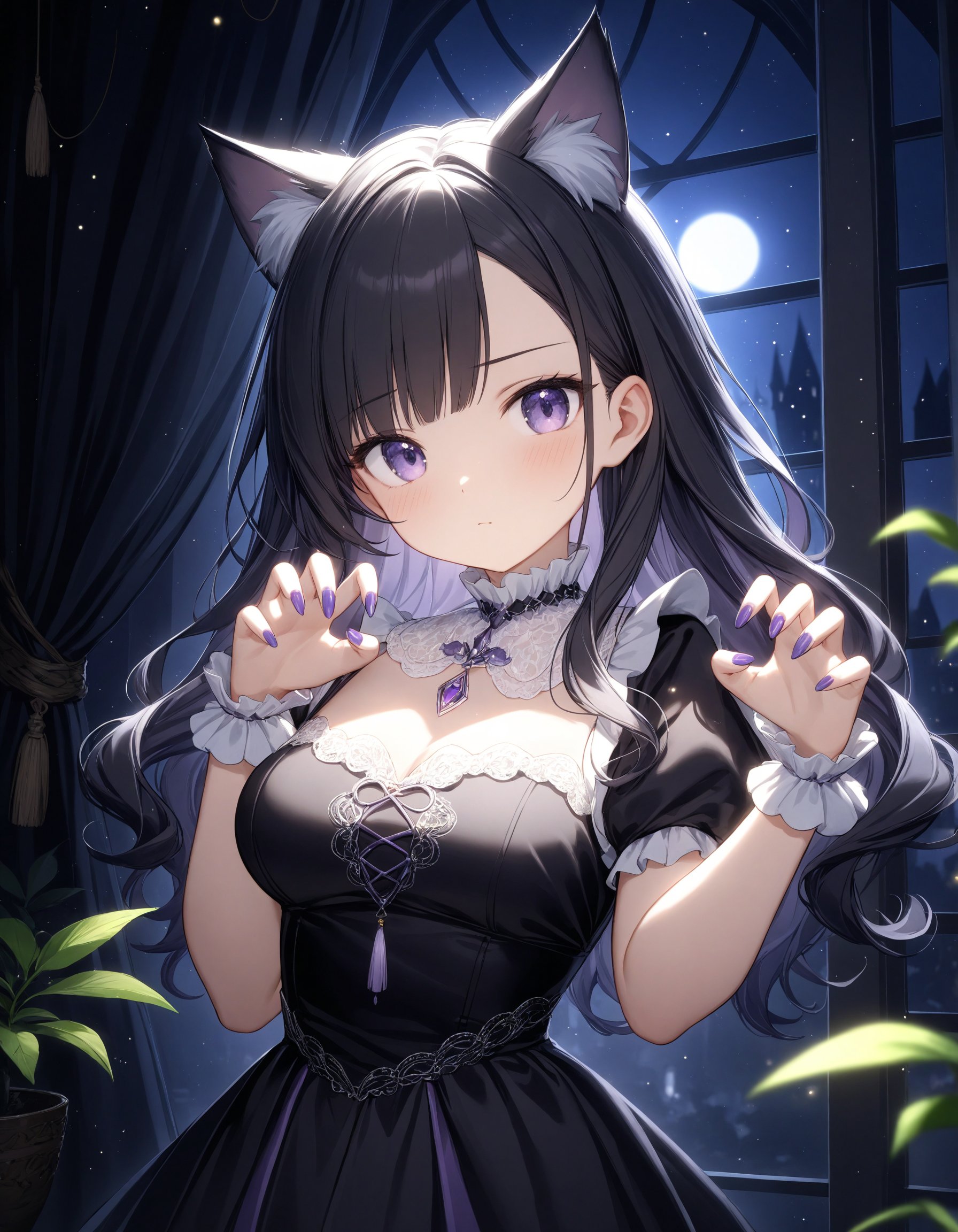 Depth of field. Upper body shot. Cinematic angle. A cute girl. Solo. Neutral expression. Claw pose. Claws on both hands. (Elbows together:1.2). Head tilt. Looking at viewer. (Round face:1.1). Detailed dark-purple eyes. Tareme. Detailed body. (Medium breasts:1.05). Purple nails. Long wavy hair. Black hair. Asymmetrical bangs. Cat ears. Black dress. (White lace ruffled collar:1.2). (Puffy short sleeves:1.05). Black layerd skirt. Medieval. Fashionable living room. Black wallpaper. Black sheer curtains. Decorative mini plants. Night sky view from window. (Night:1.2). (Underexpose Lighting:1.4). Cute style. Intricate details. Extremely detailed. Outstanding intricacies. (Masterpiece:1.2). (Best quality:1.2). (Absurdres absolutely resolution:1.4).