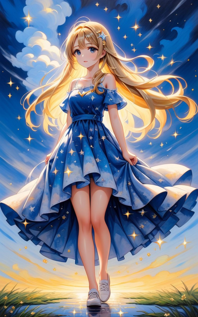 (((dyeing)),((oil painting)),((impasto)):1.4),starry_sky,best quality,(masterpiece:1.3),full body,ultra-detailed,solo,1girl,hyper_galaxy,dress,skirt,chemigram,kneeling,available light,pixelArt,comic,