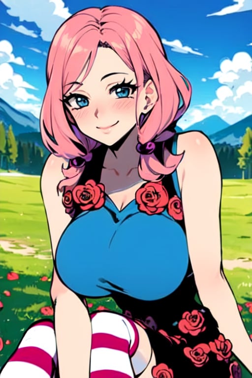 (Masterpiece), (best quality,  perfect face),  pink hair,  blue,  eyes,  big boobs,  big breasts,  beautiful,  bright Eyes,  blush,  long hair,  smiling,  blue blouse with a rose on each strap,  black skirt with red roses,  low and wide striped socks,  smile,  six pigtails,  sexy,  flowers, mountain,  park,  roses,  yasuho hirose, liar liar,<lora:EMS-259756-EMS:0.800000>,<lora:EMS-12655-EMS:0.800000>