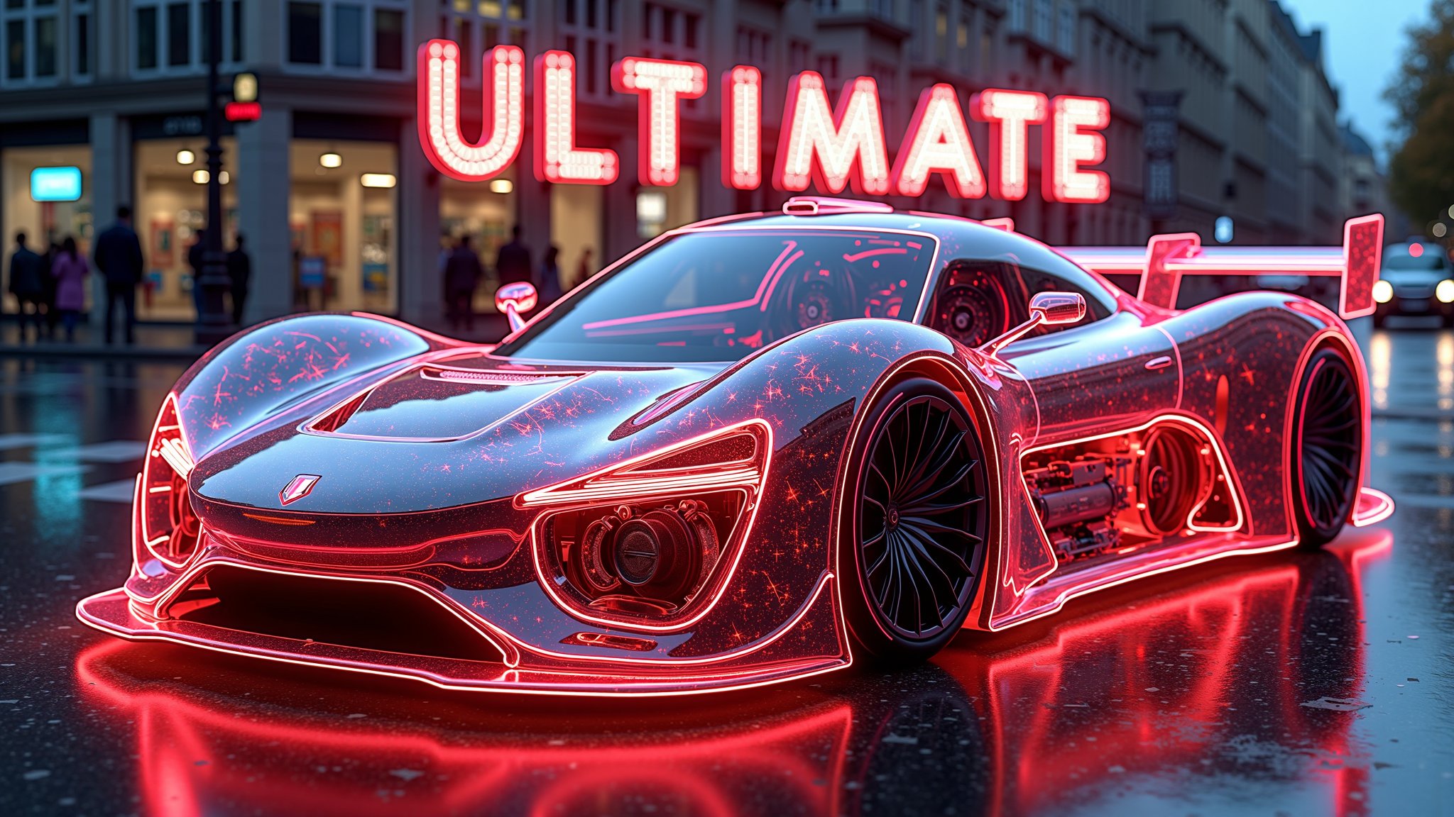 spectacular digital rendering of  a (transparent:1.8) DTM concept hyper car,  revealing internal mechanical components such as engine, car chassis, suspension, and internal wiring, detailed textures, detailed machinery,  accurate lighting and shadows, 8k quality, intricate patterns, high-definition, glossy Red neon finish, vivid reflections, perfect lighting, busy street at night, (Text above the car in neon font, The text says "ULTIMATE").