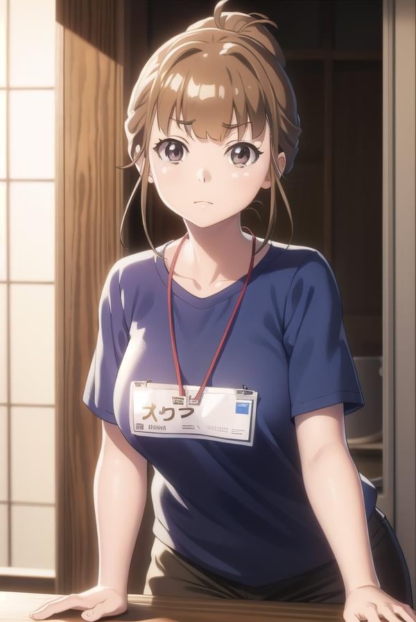 hinatamiyake, <lora:hinata miyake s1-lora-nochekaiser:1>,hinata miyake, short hair, brown hair, (brown eyes:1.5),BREAK shirt, short sleeves, uniform, blue shirt, name tag, id card, employee uniform,BREAK indoors,BREAK looking at viewer,BREAK <lyco:GoodHands-beta2:1>, (masterpiece:1.2), best quality, high resolution, unity 8k wallpaper, (illustration:0.8), (beautiful detailed eyes:1.6), extremely detailed face, perfect lighting, extremely detailed CG, (perfect hands, perfect anatomy),