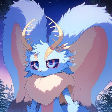 <lora:kirbypurrs:1> no humans, (furry:1), (fluffy:1),   <lora:Elfilis:0.8> Fecto Elfilis, blue fur, multicolored eyes, head wings, colored sclera, fluffy tail