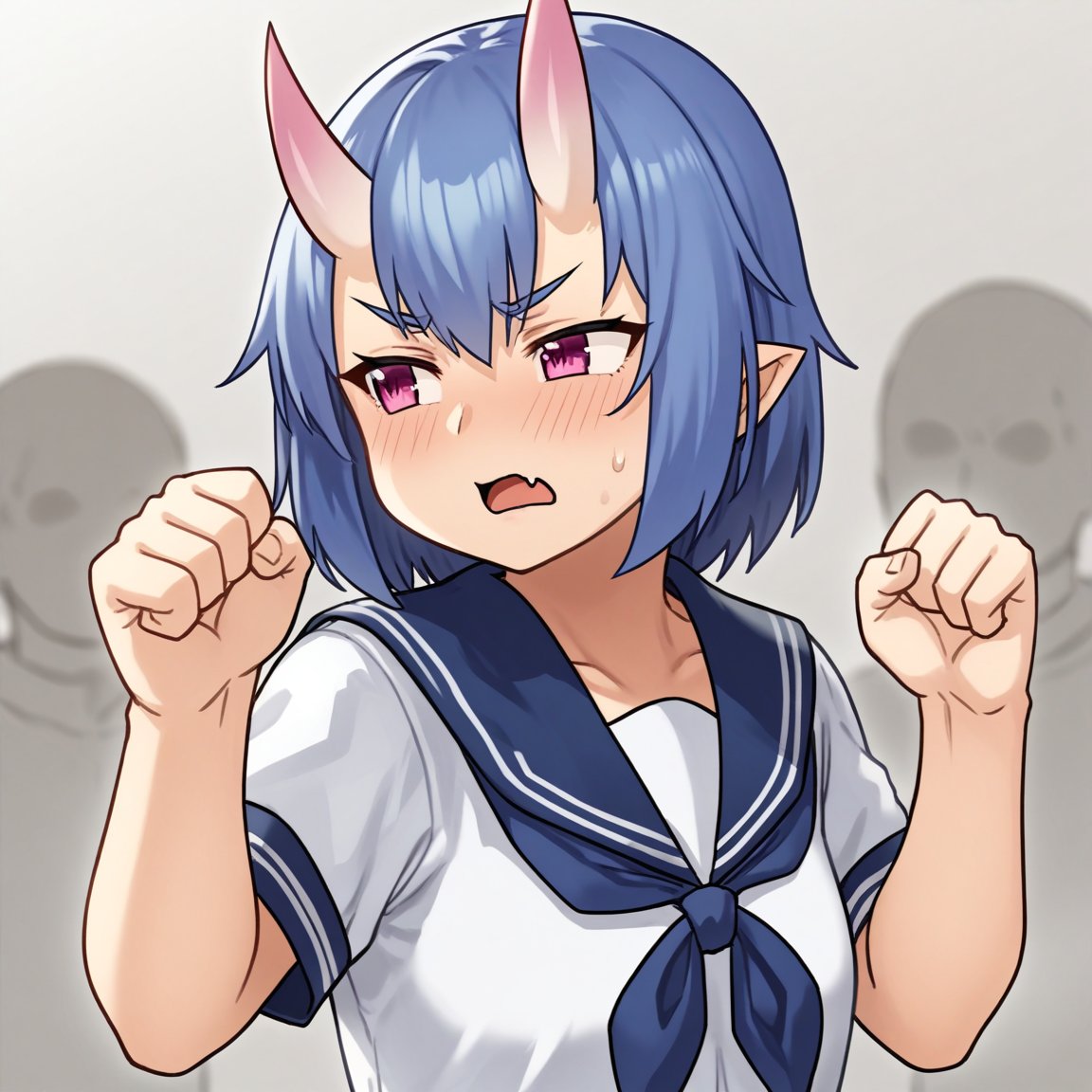 score_9, source_anime,1girl, oni horns, blush, sweat, annoyed, open mouth, looking away, skin fang, school uniform, short sleeves, serafuku, pink eyes, blue hair, short hair,hands up, fist, <lora:hou621 ponyDiffusionV6XL_v6StartWithThisOne__1713024306:1>