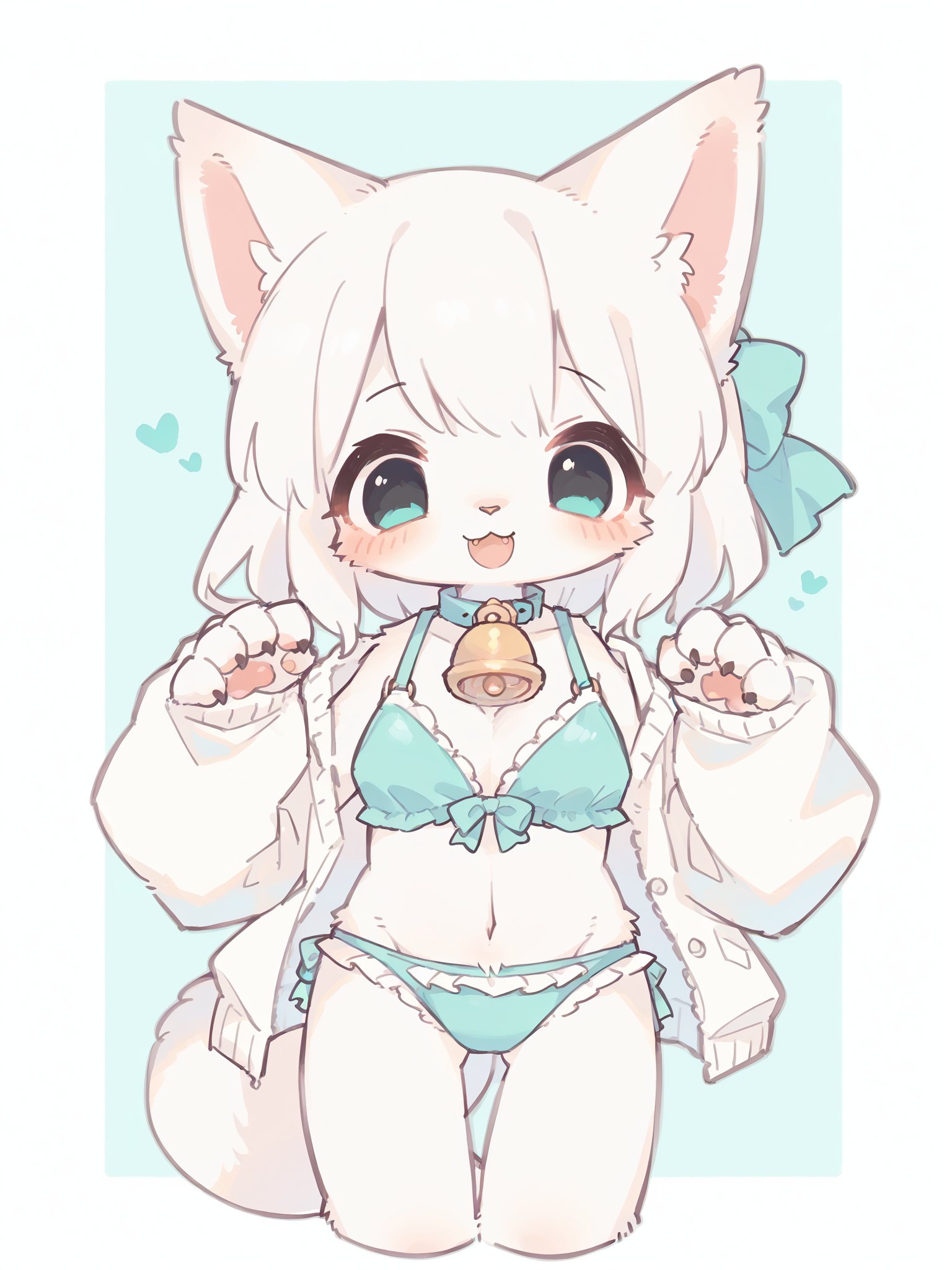 score_9, score_8_up, score_7_up, score_6_up, score_5_up, score_4_up, source_furry, source_anime, rating_explicit, rating_questionable, rating_safe, furry, kemono, 1girl, white cat girl, aqua bikini, looking at viewer, hands up, happy, neck bell, cowboy shot, looking at viewer,