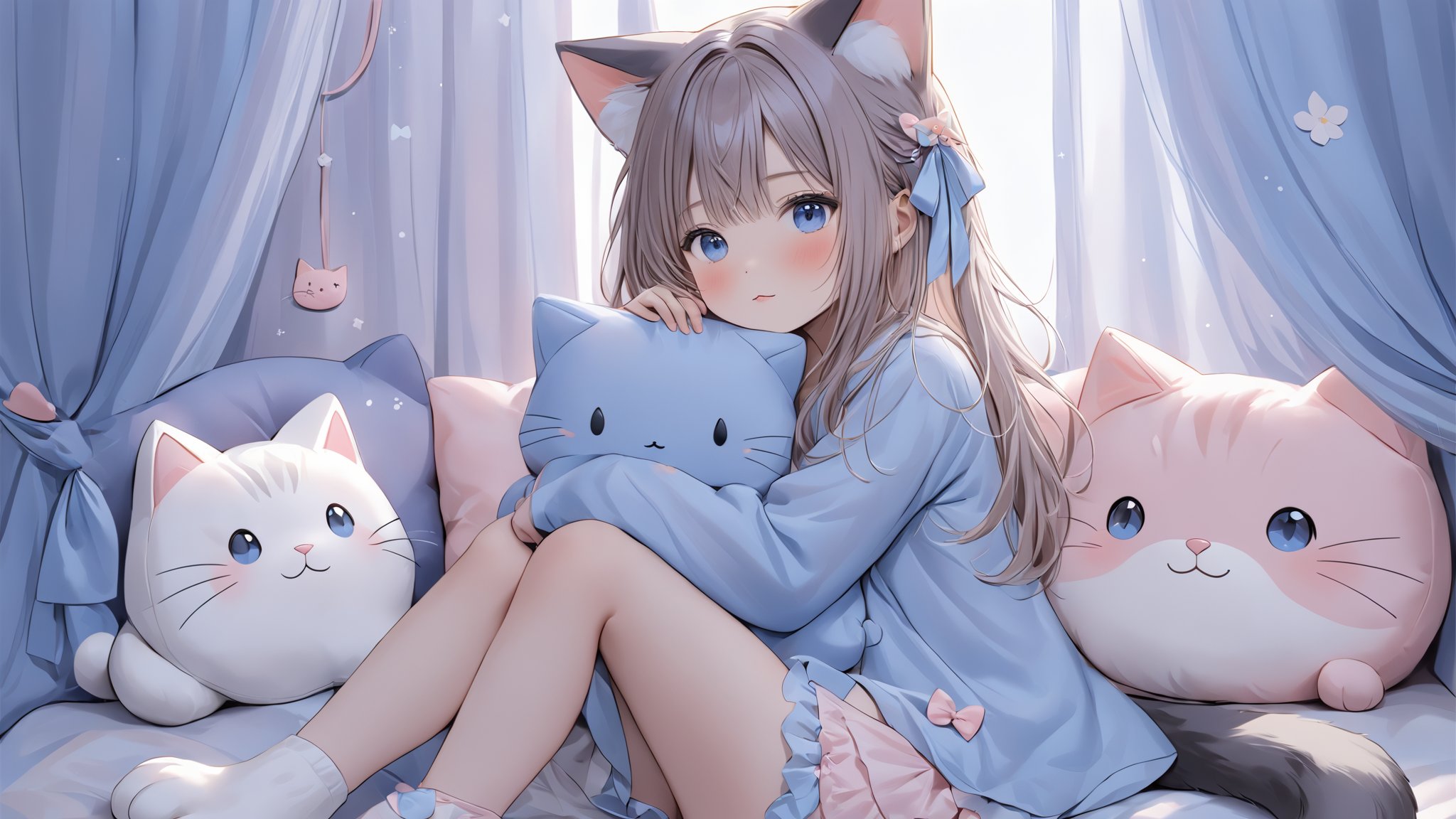 1girl, animal ears, bloomers, blue eyes, blush, cat ears, cat girl, cat tail, curtains, hair ornament, long hair, pillow, sleeves past wrists, stuffed animal, stuffed cat, stuffed toy, tail, underwear