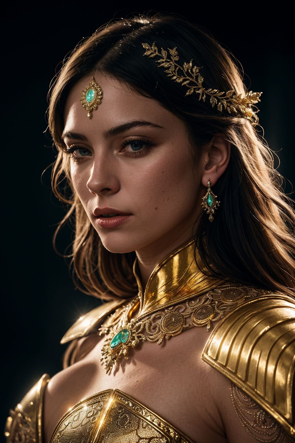 (8k, RAW photo, highest quality), hyperrealistic, intricate abstract, intricate artwork, abstract style, mesmerizing portrait of a woman with golden armor, delicate diamond patterns, armor from another world, insanely detailed features, reflecting lights, glimmering lights, dark elements, shiny, bioluminescence, non-representational, colors and shapes, expression of feelings, imaginative, highly detailed, extremely high-resolution details, photographic, realism pushed to extreme, fine texture, 4k, ultra-detailed, high quality, high contrast, Inimitable Realness, Immaculate Realism, shot on ARRI ALEXA 65