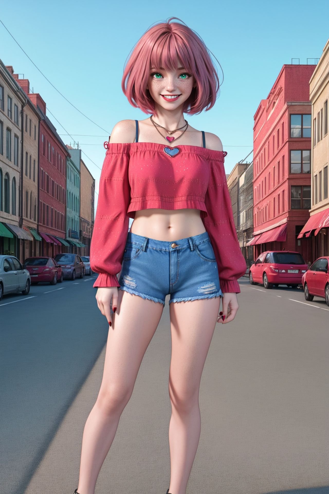 1girl, redhead, pink hair, short hair, heart necklace, freckled, bangs, green eyes, pink lips, red nails, short blue denim short and red top, cutoffs, offshoulder crop top, long sleeves, a heart necklace on her neck, navel, smiling, high quality, masterpiece, 8k, sharp focus, city background, full body visible, 4k, high-res, full body visible<lora:sienna02:0.5>