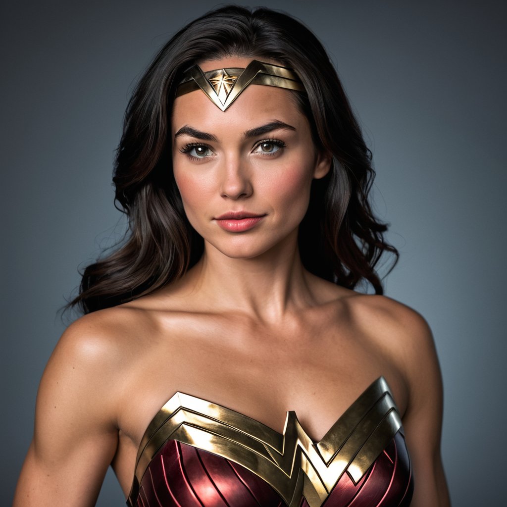 [realistic,photorealistic],(wonder woman),[heroine],[from dc],[metalic],[muscular],[slim]