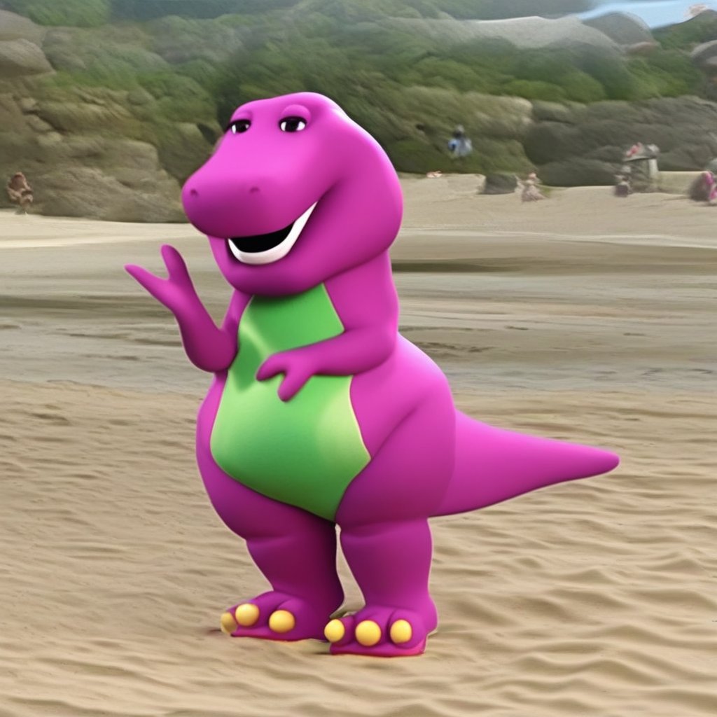 Barney the dinosaur standing on a beach