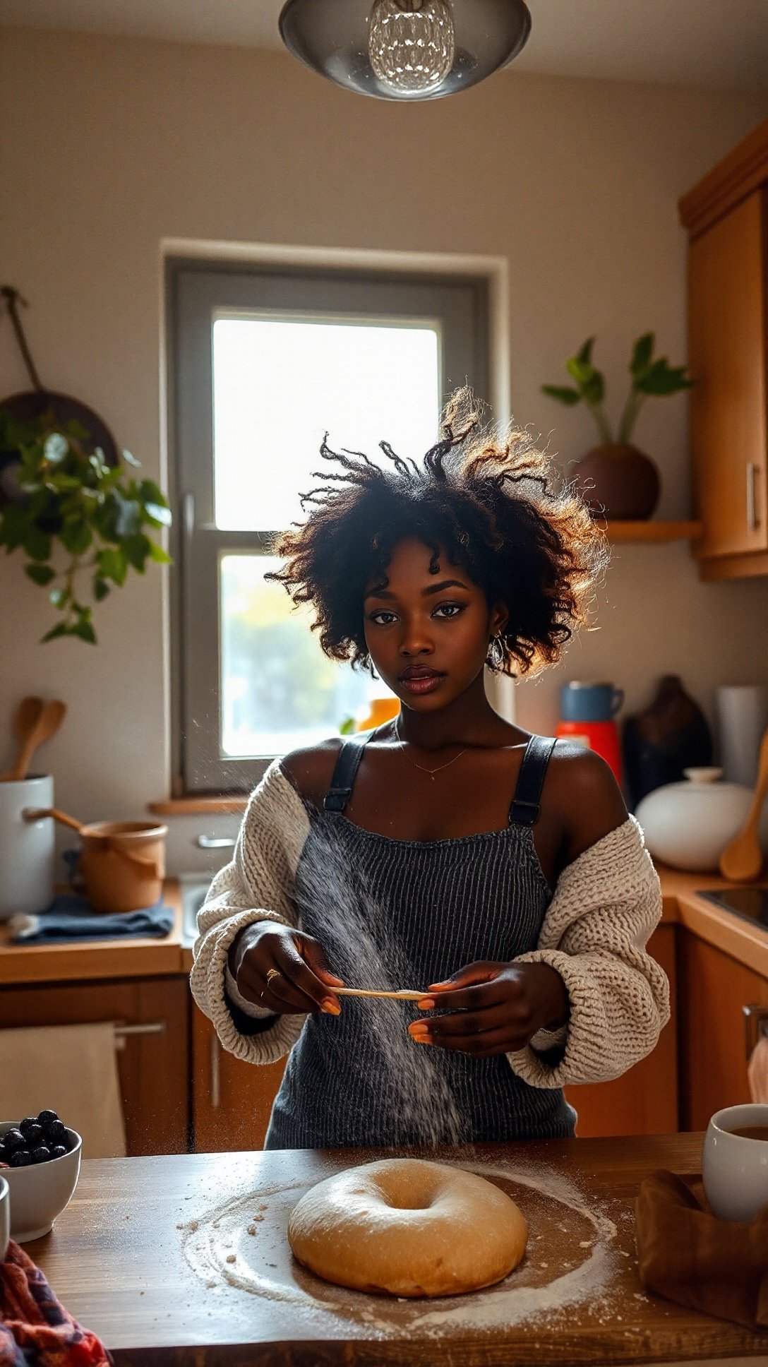 An engaging eye-level shot of a beautiful black-skinned woman with natural hair, baking in a cozy kitchen filled with warm colors and delicious aromas, flour dust dancing in the sunlight pouring through the window <lora:Ebony_Beauties:1>