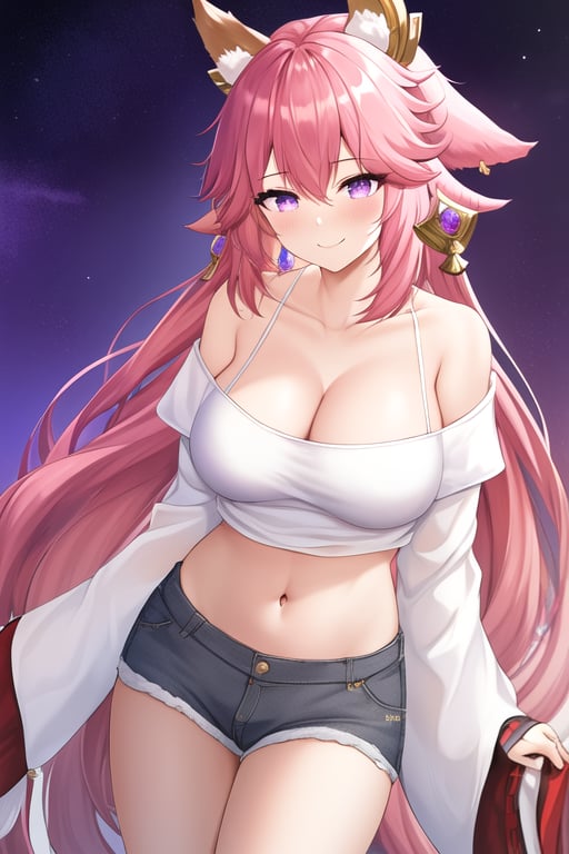 masterpiece, best quality, highres, solo, {yae_miko_genshin:1.10}, long_hair, pink_hair, purple_eyes, bangs, breasts, animal_ears, fox_ears, hair_between_eyes, jewelry, earrings, hair_ornament, smile, large_breasts, thighs, very_long_hair, blush, floppy_ears, 1girl, cleavage, long_sleeves, looking_at_viewer, navel, stomach, alternate_costume, collarbone, shirt, bare_shoulders, cowboy_shot, midriff, off_shoulder, open_clothes, white_shirt, closed_mouth, crop_top, shorts, simple_background, standing, white_background