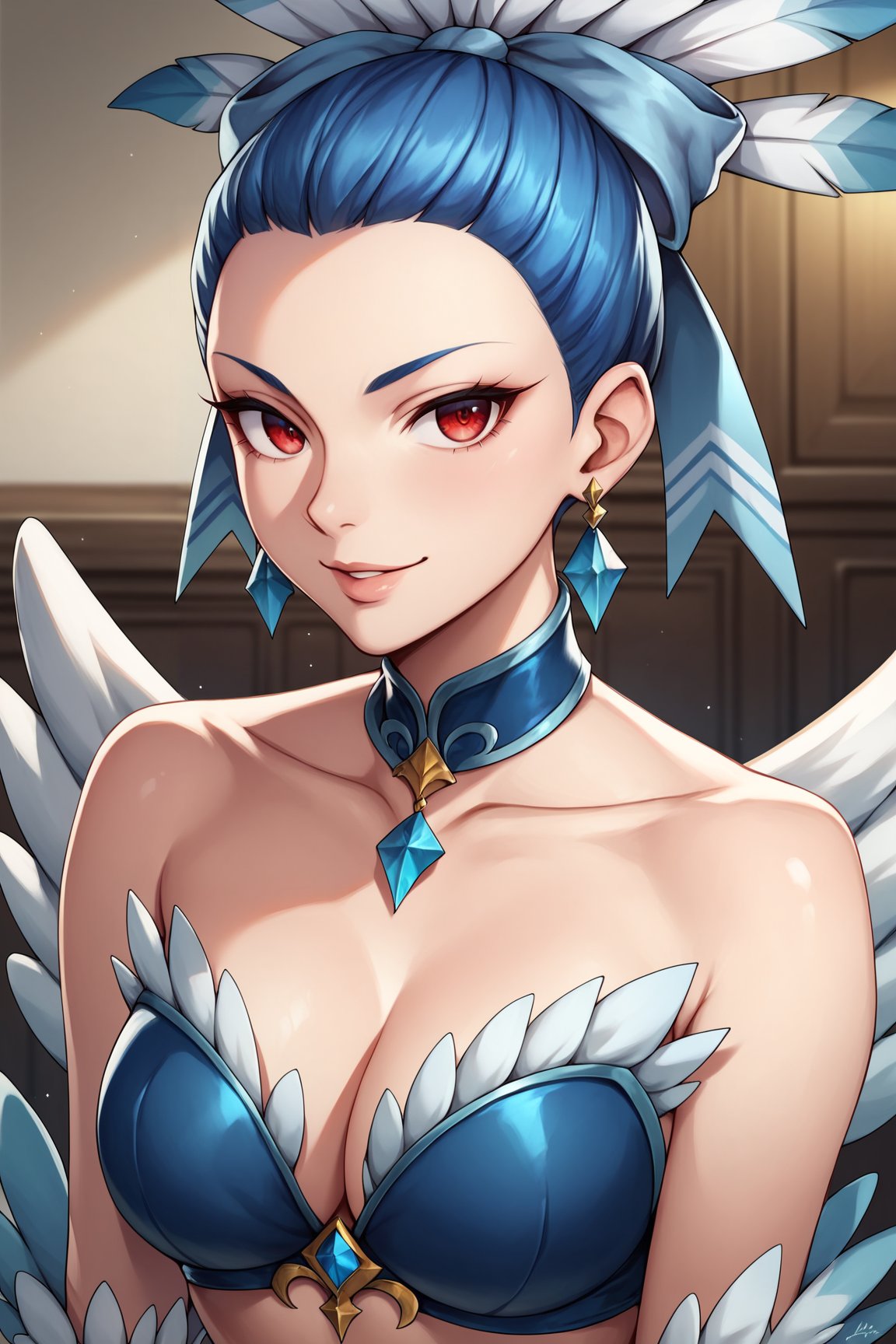 score_9, score_8_up, score_7_up, score_6_up, score_5_up, score_4_up, CluchHHXL, red eyes, blue hair, forehead, hair bow, blue bow, feathers, earrings, blue chocker, medium breasts, with wings, two wings, cleavage, blue bikini top, bare shoulders, solo, front view, (portrait, upper body), solo focus, seductive smile, looking at viewer, indoors <lora:CluchHHXL:0.9>