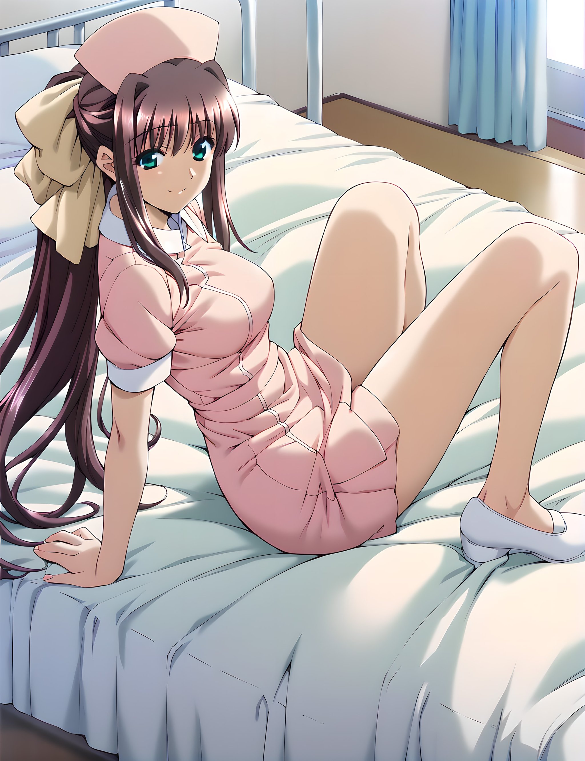 <lora:pony_xl_ren:0.8>,ren,score_9,score_8_up,score_7_up,source_anime,1girl,nurse,nurse shoes,infirmary,smile,:d,bed,sitting on the bed,wariza,knees_together_feet_apart,