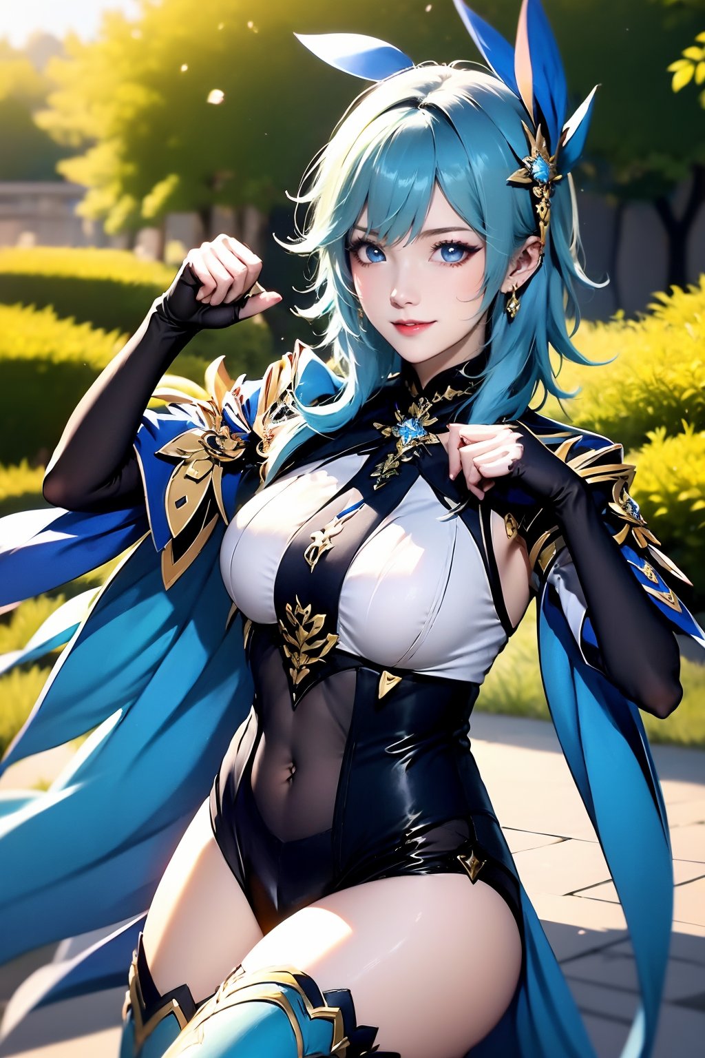 1girl, solo, eula \(genshin impact\), thighhighs, covered navel, blue hair, blue necktie, hairband, necktie, looking at viewer, black hairband, blurry background, black thighhighs, breasts, leotard, hair ornament, long sleeves, lips, blurry, blue cape, cape, medium hair, black leotard, skindentation, smile, paw pose, thighs, blue eyes, cowboy shot, parted lips, jewelry, large breasts, long hair, medium breasts, earrings, hands up, outdoors, boots, white shirt, shirt, thick thighs, thigh strap, gloves, cameltoe