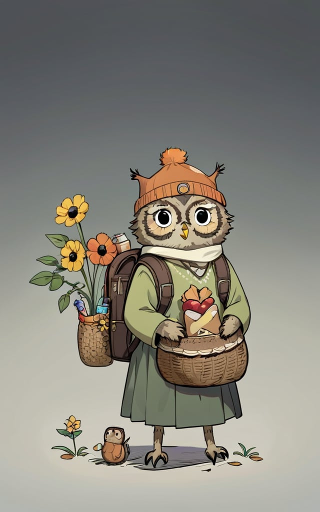 comic_style, children's_painting_style, bird, no humans, owl, bottle, bag, basket, flower, solo, grey background, animal focus, simple background, backpack, animal, hair ornament, hat, looking at viewer, clothed animal, holding, bread, standing, bug, outdoors, leaf, shadow, sitting, stick, black eyes, food, gradient background, fruit, closed mouth<lora:好吃米-儿童绘本:0.8>,