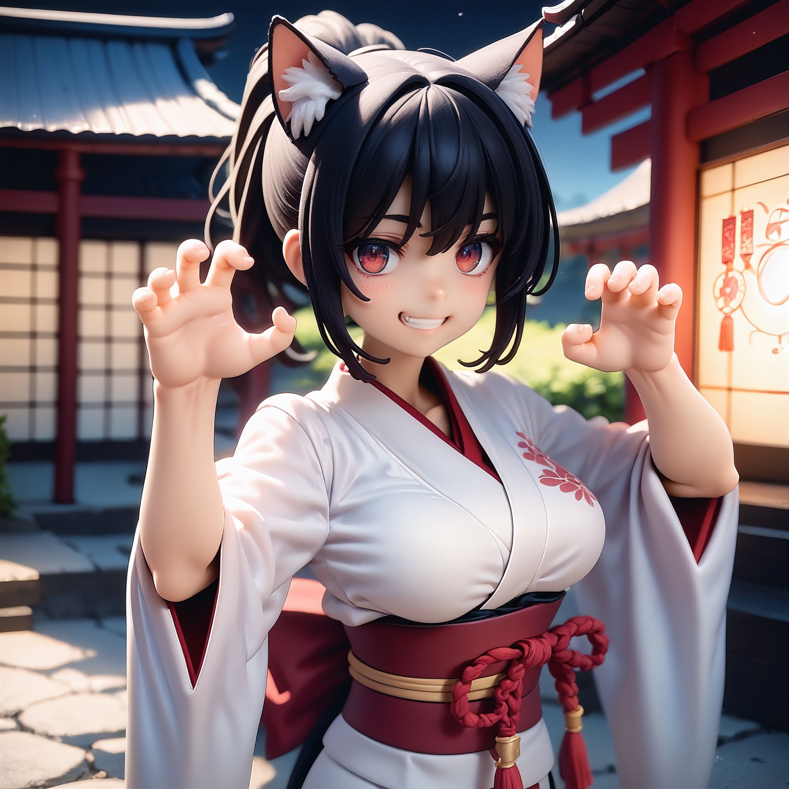 score_9,score_8_up,score_7_up,PVCstyle,BREAK1girl,cat_ears,red_eyes,grin,claw_pose,kimono,shrine,