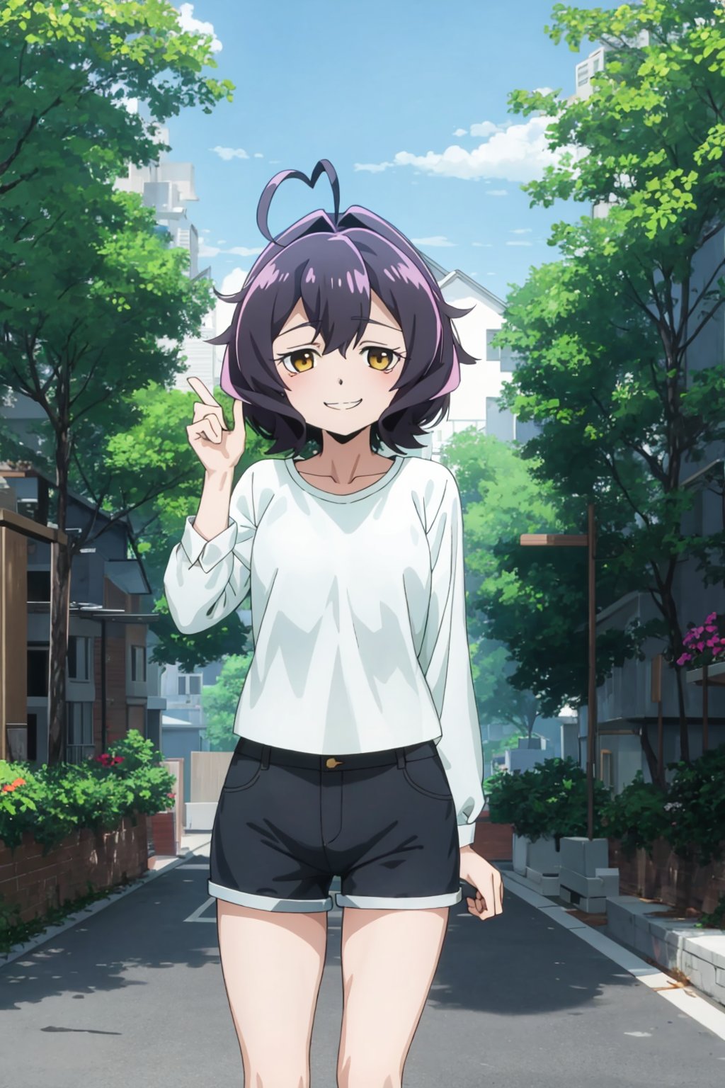 hiiragiutena, short hair, black hair, ahoge, yellow eyes, (short shorts, shirt:1.1), smile, forest <lora:hiiragi_utena:0.8>