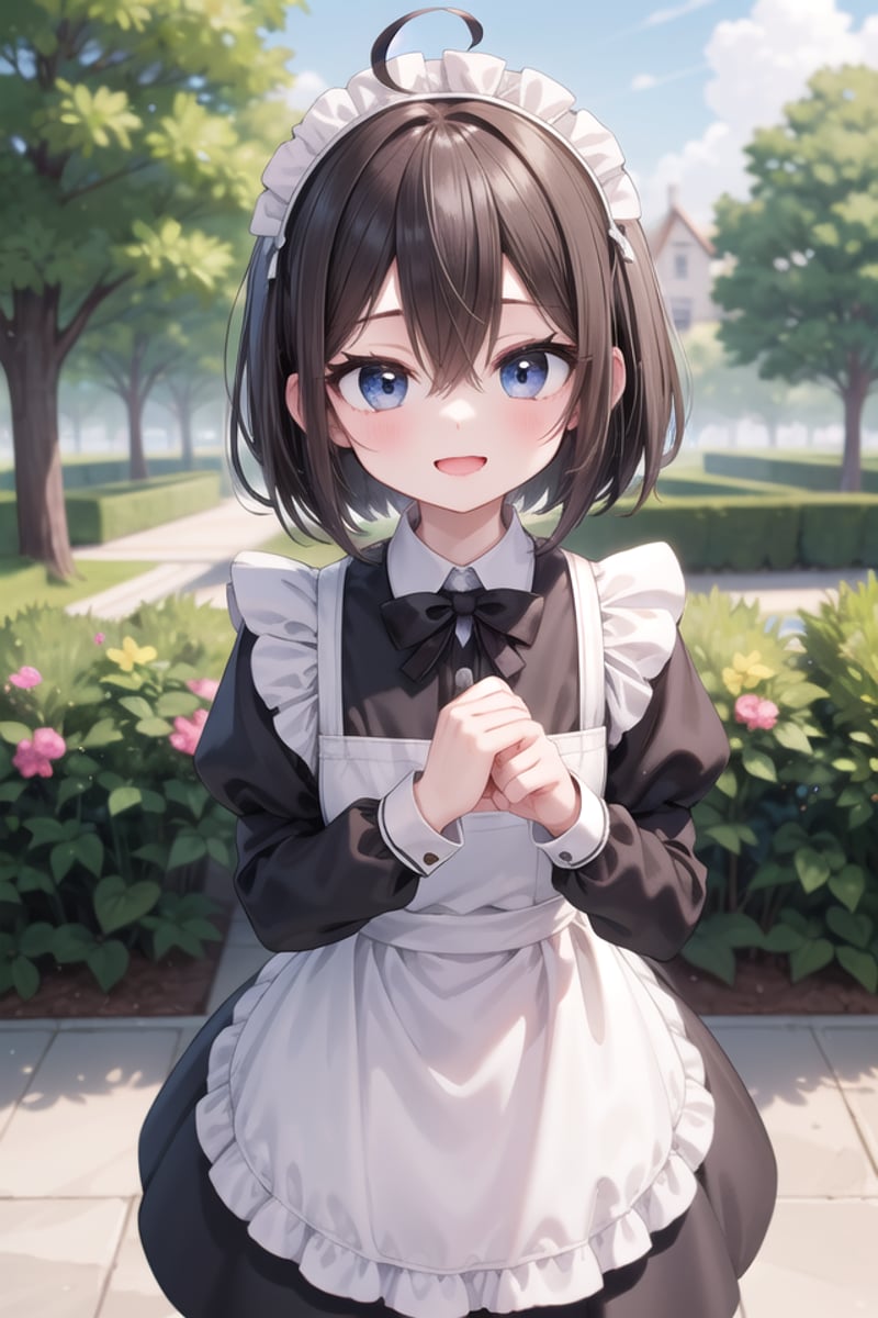 insanely detailed, absurdres, ultra-highres, ultra-detailed, best quality,1girl, solo, nice hands, perfect handsBREAK(cleavage:-1.5),(traditional maid:1.2),apron, blush, bow, bowtie, frilled apron, frills, long sleeves, maid, maid apron, maid headdress, waist apron, white apron,(maid costume, maid hair dress:1.3), long skirtBREAKhappy smile, laugh, open mouthBREAKstanding, cowboy shot, looking at viewerBREAKslender, kawaii, perfect symmetrical face, ultra cute girl, ultra cute face, ultra detailed eyes, ultra detailed hair, ultra cute, ultra beautifulBREAKfantasy world, garden of a castle, depth of field, ultra detailed backgroundBREAKmedium breastsBREAKblack brown hair, black eyes, short bob cut, hair between eyes, ahoge