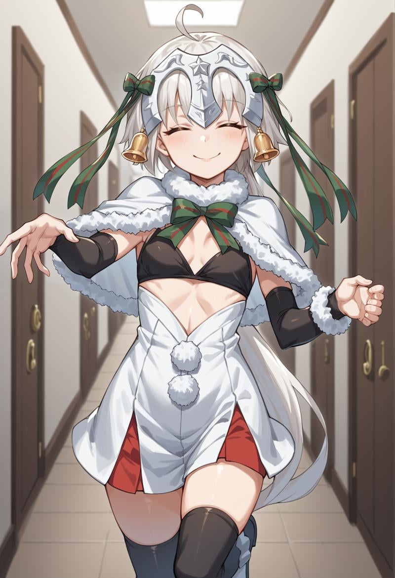 1girl, ahoge, white hair, long hair, low ponytail, yellow eyes, tiara, hair ornament, bell, hair ribbon, black bikini, short dress, center opening, fur trim, fur-trimmed capelet, elbow gloves, Thighhighs, armored boots, running, reaching towards viewer, closed eyes, smile, open mounth, indoors, hallway, close-up <lora:santa_lily:1>, score_9, score_8_up, score_7_up, score_6_up, score_5_up, score_4_up, BREAK source_anime, masterpiece