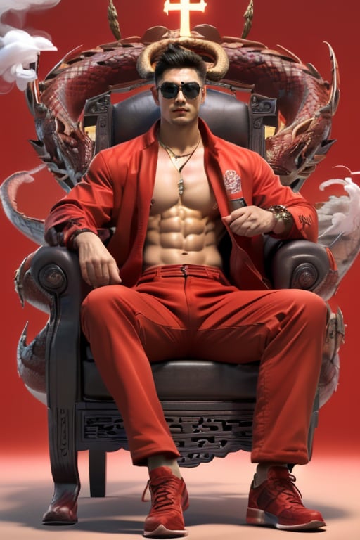 1boy,male focus,throne,black hair,jewelry,sunglasses,dragon,open clothes,sitting,abs,shoes,smoke,pants,box,necklace,jacket,red background,eastern dragon,horns,smoking,muscular,chair,cross,shirt,cigarette,pectorals,open shirt,cross necklace,red jacket,looking at viewer,<lora:龙女:0.8>,