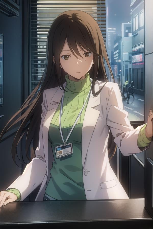 namieyagiri, <lora:namie yagiri s1-lora-nochekaiser:1>,namie yagiri, long hair, black hair, (brown eyes:1.3),BREAK sweater, turtleneck, labcoat, green sweater,BREAK indoors, office,BREAK looking at viewer, (cowboy shot:1.5),BREAK <lyco:GoodHands-beta2:1>, (masterpiece:1.2), best quality, high resolution, unity 8k wallpaper, (illustration:0.8), (beautiful detailed eyes:1.6), extremely detailed face, perfect lighting, extremely detailed CG, (perfect hands, perfect anatomy),