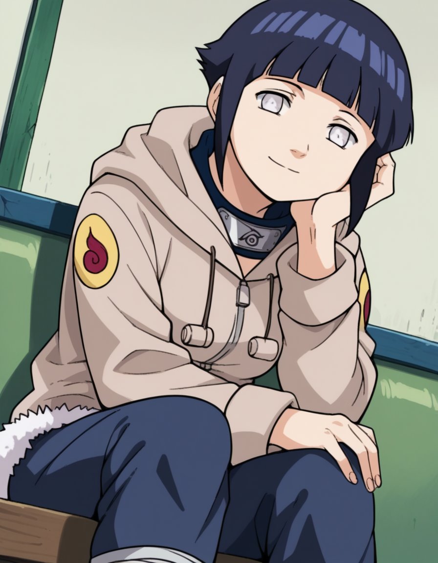 score_9, score_8_up, score_7_up, source_anime, <lora:hinata-hyuga-s1-ponyxl-lora-nochekaiser:1>, hinata hyuga, short hair, white eyes, bangs, blunt bangs, medium breasts,, long sleeves, pants, hood, konohagakure symbol, fur trim, jacket,, indoors, smile, looking at viewer, solo, sitting, head rest,, cowboy shot, dutch angle