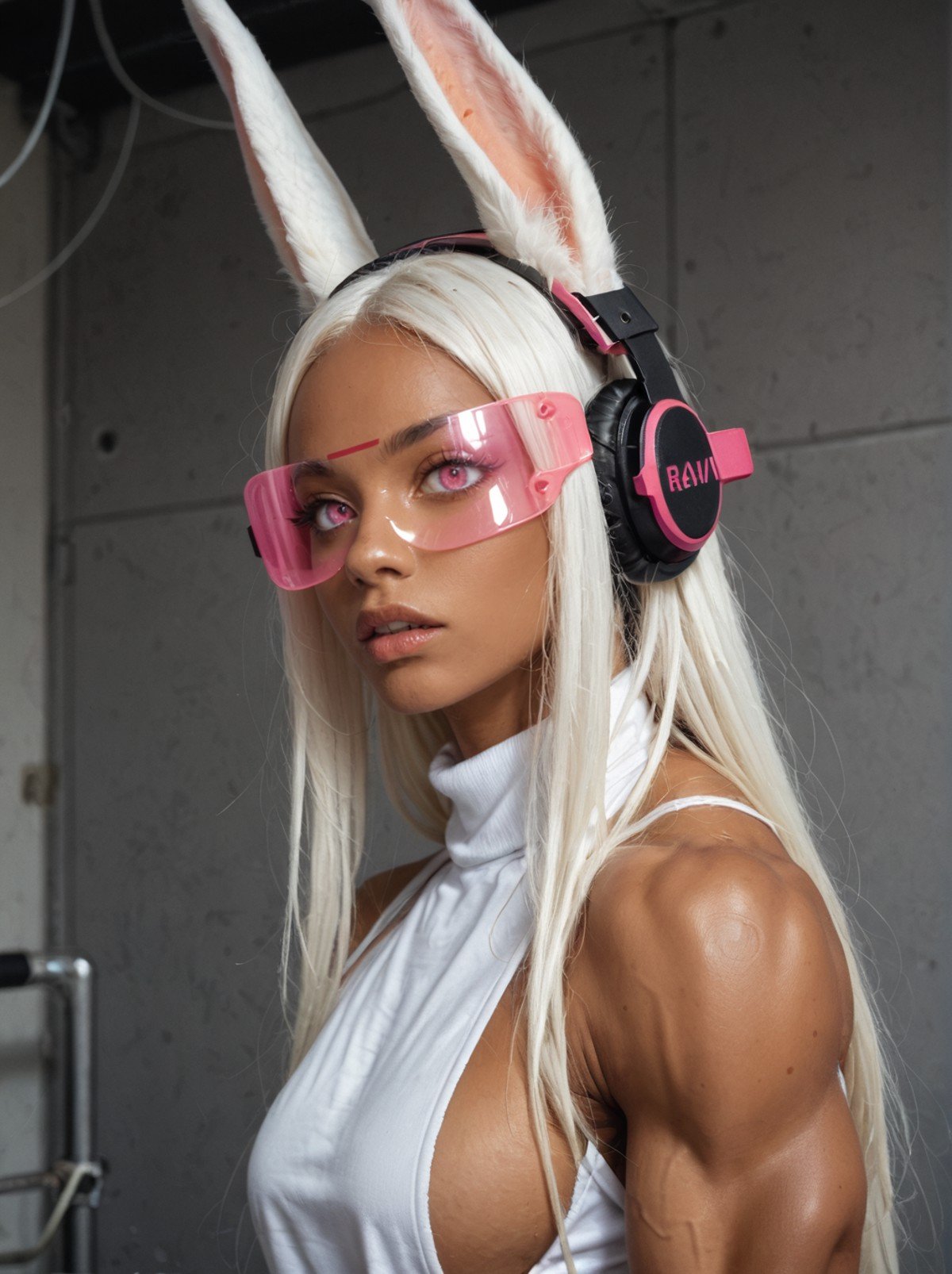 from side, 1girlrumi usagiyama, long hair, animal ears, white hair, dark skin, rabbit ears, dark-skinned female, muscular, rabbit girl, muscular female, parted bangs,expressionless,pink visor,glowing visor,headphones ,wire,standing , (empty eyes, pink eyes, no pupils), open mouth,  anime screencap, looking at the viewer, (raw,score_8_up),photo, raw,realistic