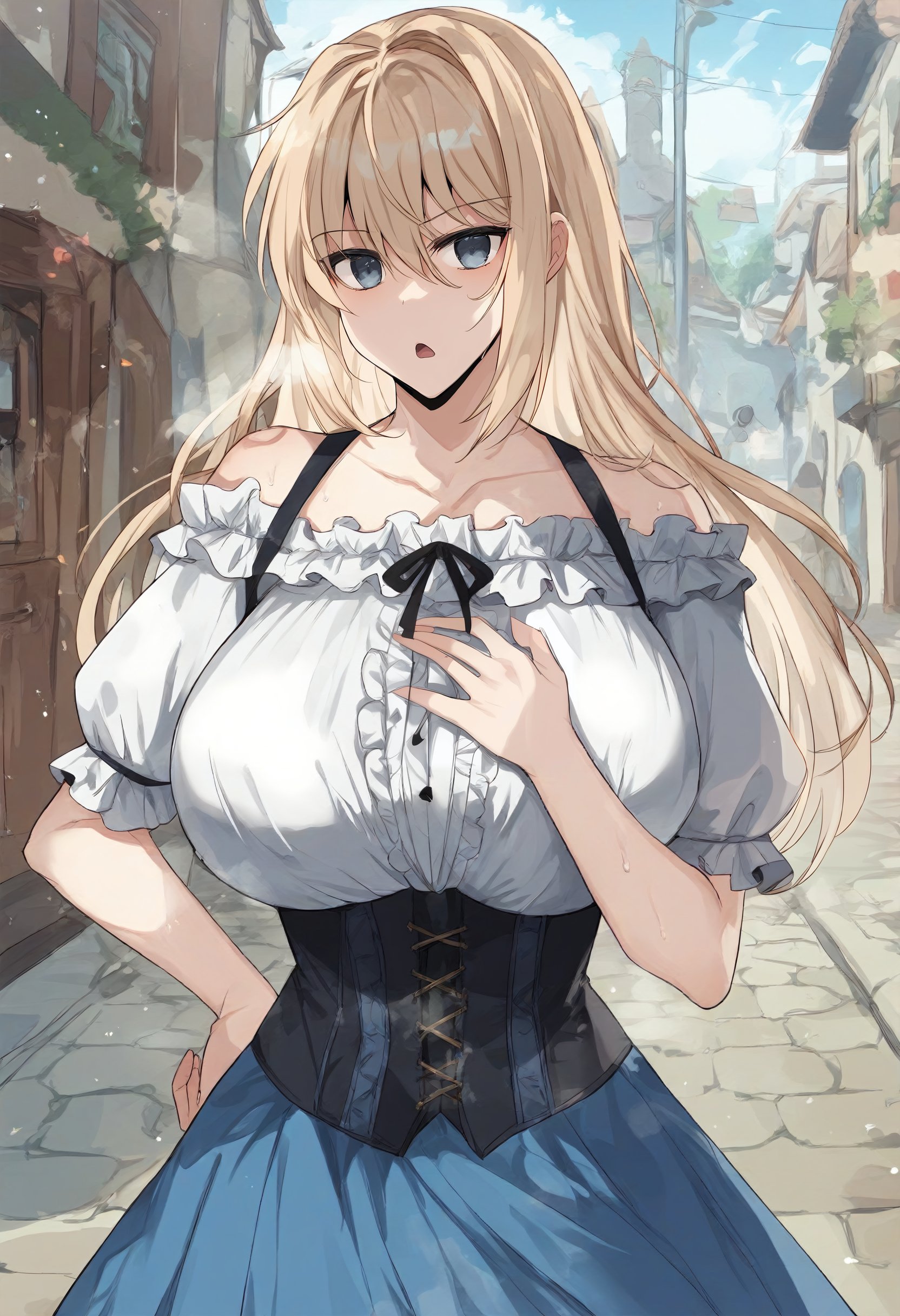 score_9, score_8_up, score_7_up, score_6_up, source_anime, rating_explicit, 1girl, solo, huge breasts, <lora:Alitius Bella Rustanad Rusklan prefectPonyxl:0.9> blonde hair, hair between eyes, hair intakes, grey eyes, blue eyes, long hair, off shoulder, dirndl, black ribbon, white shirt, frilled shirt, short sleeves, black corset, blue skirt, serious, open mouth, Narrow shoulders, heavy breathing, steaming body, street, outdoors, standing, looking at viewer, hand on breasts