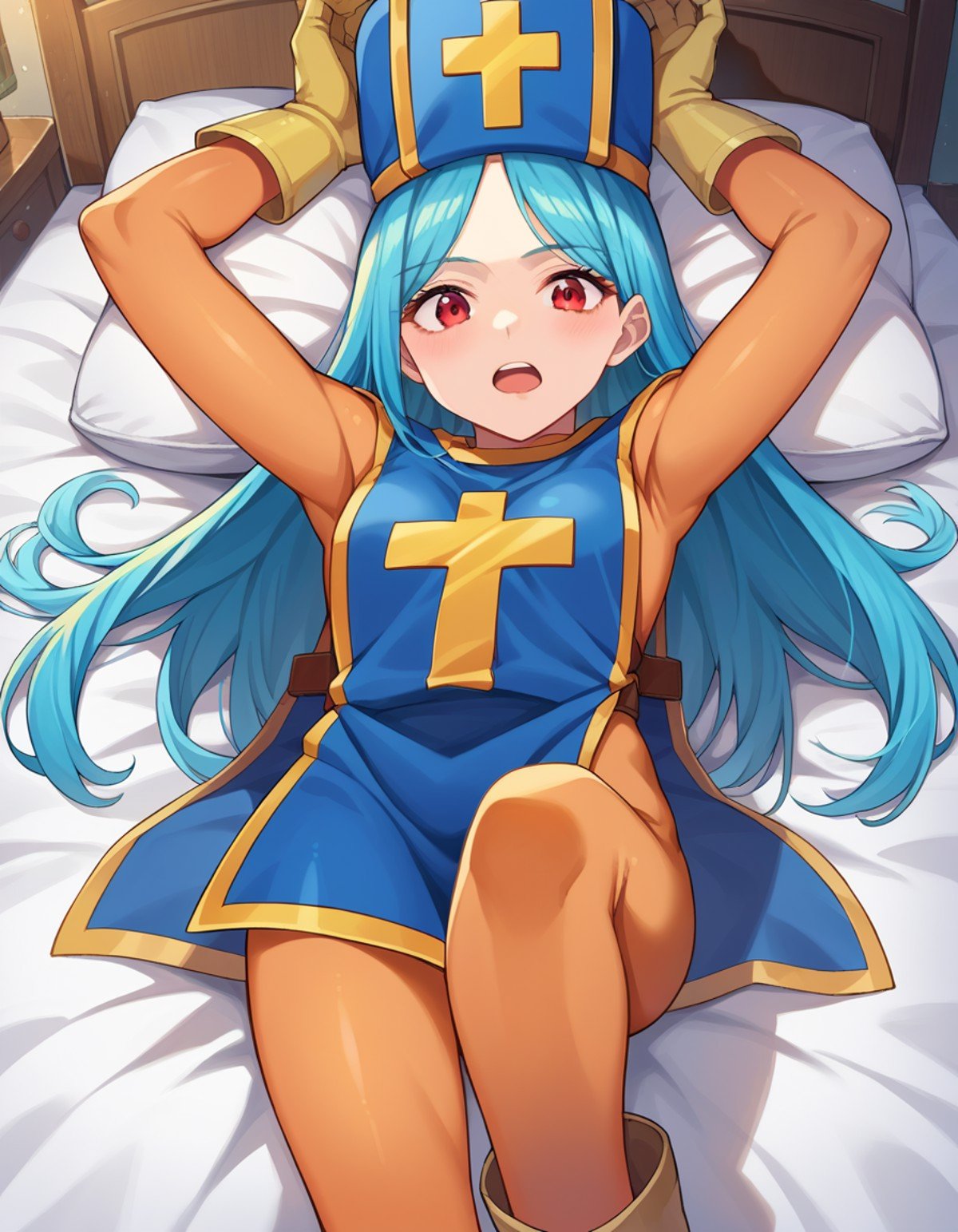 score_9, score_8_up, score_7_up, source_anime,dqpriest, <lora:dq-priest-ponyxl-lora-nochekaiser:1>,priest, aqua hair, blue hair, long hair, red eyes,bodysuit, boots, cross, gloves, hat, mitre, orange bodysuit, tabard,indoors, bed, bed room, on back, arm support, arms up, incoming hug, pov, reaching, reaching towards viewer,looking at viewer, dutch angle, cowboy shot,