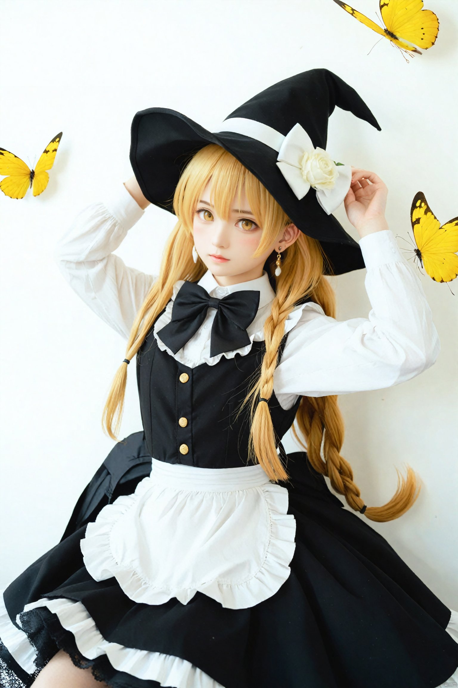 masterpiece,Realism,best quality,loli,1girl, hat, kirisame marisa, blonde hair, solo, yellow eyes, bug, witch hat, butterfly, long hair, braid, bow, flower, apron, black headwear, single braid, long sleeves, earrings, hair ornament, jewelry, white bow, hair flower, shirt, white shirt, closed mouth, hair between eyes, black bow, waist apron, white apron, hat bow, black skirt, white flower, blush, bowtie, skirt, black bowtie, looking at viewer, hair bow, rose, black vest, vest, frills, signature, buttons, hand on headwear, upper body, frilled apron, white rose, arms up, cowboy shot, yellow butterfly, arm up, hands up, artist name, side braid, ribbon<lora:EMS-324355-EMS:0.000000>, <lora:EMS-344883-EMS:0.000000>, <lora:EMS-288516-EMS:0.000000>, <lora:EMS-300688-EMS:0.000000>, <lora:EMS-301024-EMS:0.300000>, <lora:EMS-339656-EMS:0.000000>