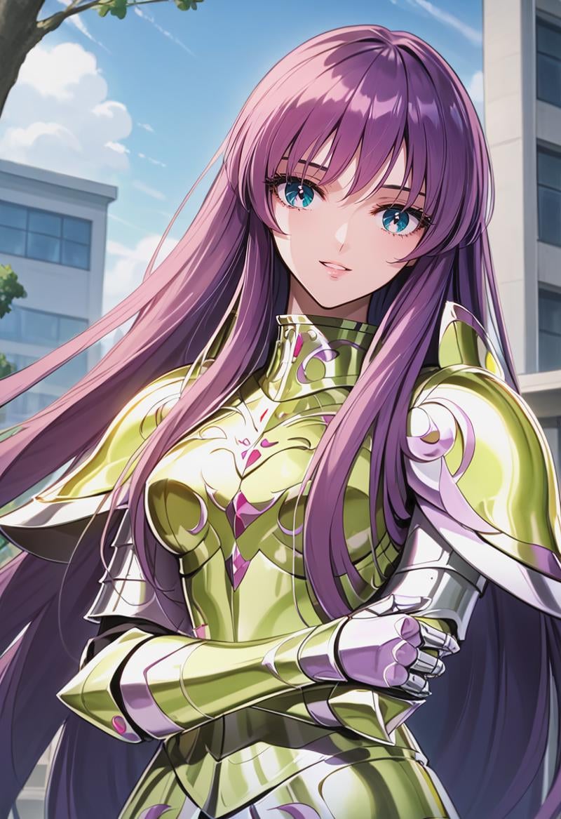 score_9, score_8_up, score_7_up, best quality, intricate details, source anime, rating explicit, BREAKHiding face with arm, love gaze, blush, parted lips, light smile, head tilt, athenakido, purple hair, long hair, aqua eyes, bangs, armor, breastplate,<lora:SaoriKido_Pony_v02-10:1> a charming school building with distinct architectural elements,