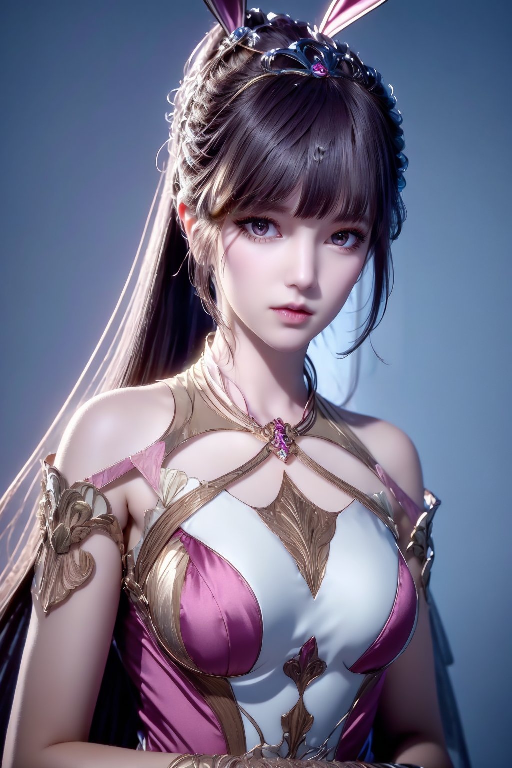 <lora:AgainXiaowu:0.8>, AgainXiaowu, 1girl, solo, upper body, animal ears, metal collar, rabbit ears, ponytail, brown hair, long hair, hair ornament, pink dress, dress, collar, closed mouth, looking at viewer, breasts, bare shoulders, medium breasts, expressionless, blue background, dark background