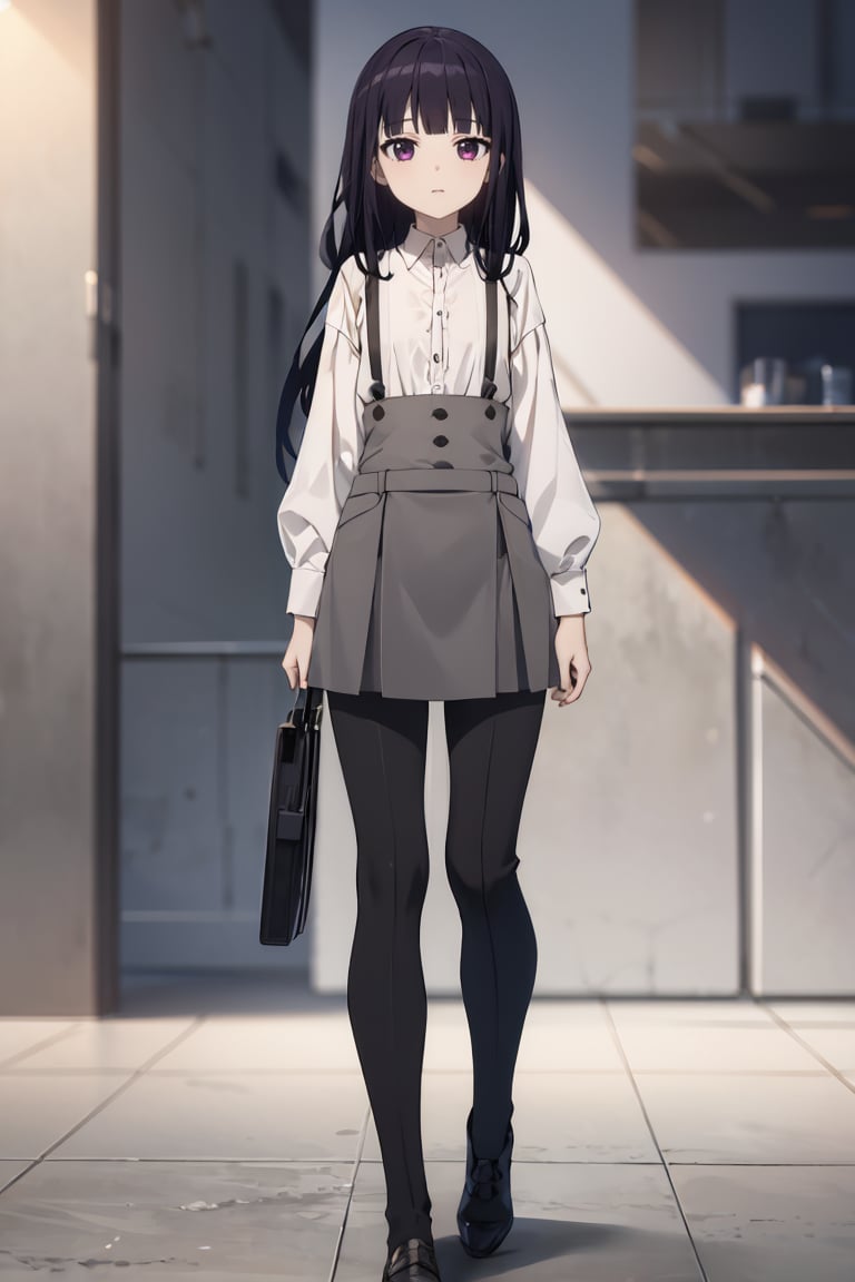 masterpiece, best quality, ultra-detailed, glistening shiny, glowing light, ray tracing, HDR, deph of field, (perfect face, detailed face),  <lora:ShirakiinRirichiyo:0.7>, ririchiyo, black hair, long hair, flat chest, suspenders, white shirt, grey dress, black pants, full body, standing