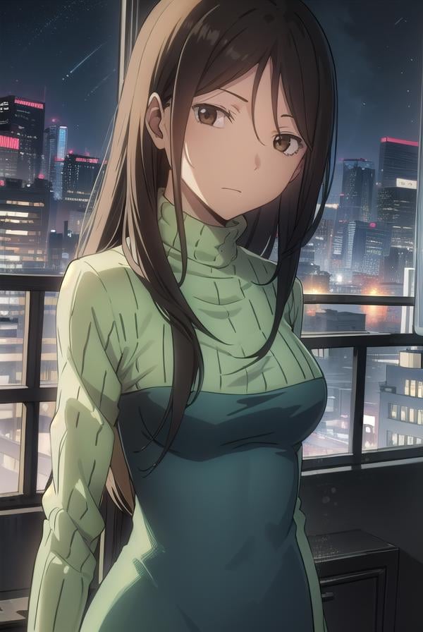 namieyagiri, <lora:namie yagiri s1-lora-nochekaiser:1>,namie yagiri, long hair, black hair, (brown eyes:1.3), (swept bangs:1.5),BREAK sweater, turtleneck, green sweater,BREAK outdoors, city, night, sky, starry sky, moon,BREAK looking at viewer, (cowboy shot:1.5),BREAK <lyco:GoodHands-beta2:1>, (masterpiece:1.2), best quality, high resolution, unity 8k wallpaper, (illustration:0.8), (beautiful detailed eyes:1.6), extremely detailed face, perfect lighting, extremely detailed CG, (perfect hands, perfect anatomy),