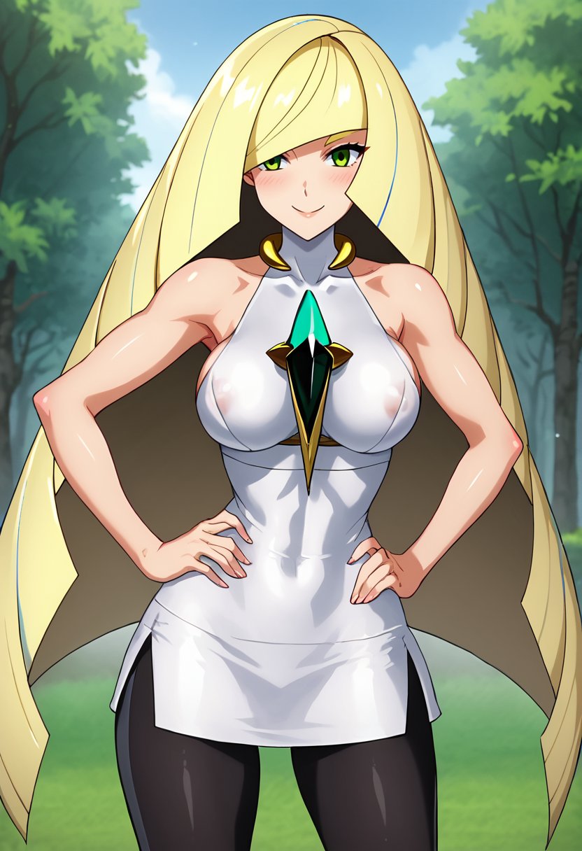 score_9, score_8_up, score_7_up,source_anime,anime coloring,perfect anatomy,cinematic_shadow,anime screencap,<lora:animestyle:1>finetuneanimeBREAK <lora:lusamine:1>lusamine,1girl, lusamine (pokemon), breasts, blonde hair, long hair, green eyes, alternate breast size, solo, smile, very long hair, poke ball, dress, large breasts, hand on hip, leggings, sleeveless dress, short dress, sleeveless, armpits, white dress, gem, mature female, hair over one eye, holding, bangs, areola slip, diamond (shape), bare shoulders, looking at viewer, blush,,outdoors, 