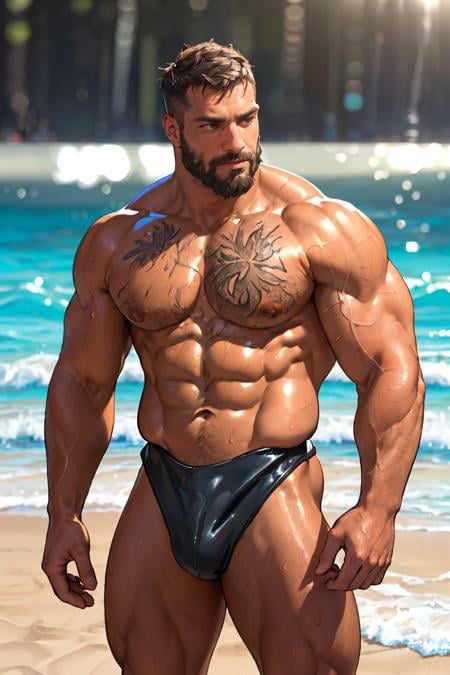 photo of muscular topless male, bearded (man) in a ((shirtless, skin-revealing skimpy erotic wetsuit)), big pecs, big arms, bulge, ((light bokeh)), intricate, (steel metal [rust]), elegant, erotic, exuding sexual energy, homoerotic, sharp focus, photo by greg rutkowski, soft lighting, vibrant colors, (masterpiece), ((island beach)), (detailed face)