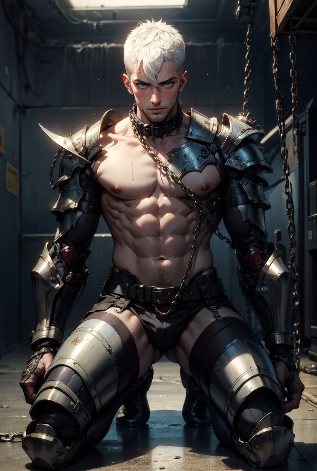 1boy, handsome, one knee, ([white|black] hair), short hair, blue eyes, sideburns, hair between eyes, crew cut, blush, armor suit, mechanical armor, collar, yaoi, (topless), iron chain bondage, body restrained, scifi prison interior background, best quality, masterpiece, extremely detailed, intricate details, detailed background