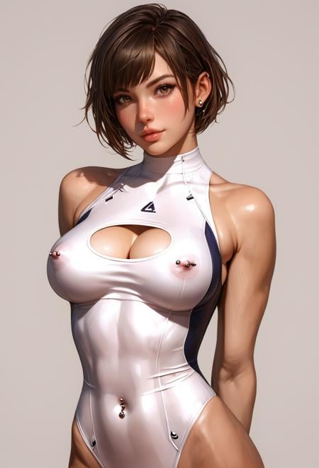 score_9, score_8_up, score_7_up, 1girl, solo, breasts, looking at viewer, short hair, large breasts, simple background, brown hair, cleavage, upper body, covered nipples, lips, one-piece swimsuit, covered navel, arms behind back, piercing, cleavage cutout, freckles, realistic, nipple piercing, navel piercing