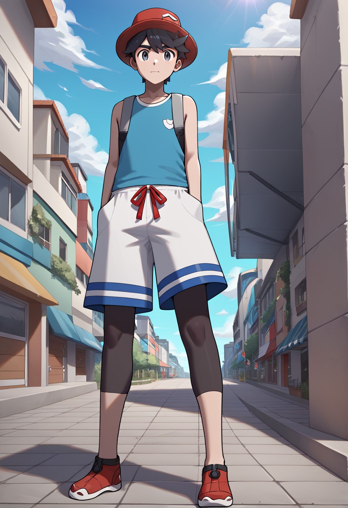 score_9, score_8_up, score_7_up, score_6_up, score_5_up, score_4_up, best quality, amazing quality, best aesthetic, absurdres, solo, elio_um, black hair, gray eyes, blue sleeveless shirt, bracelet, white short, red shoes, red hat, leggings under shorts,score_9_up, source_,source_anime<lora:EMS-357603-EMS:1.000000>