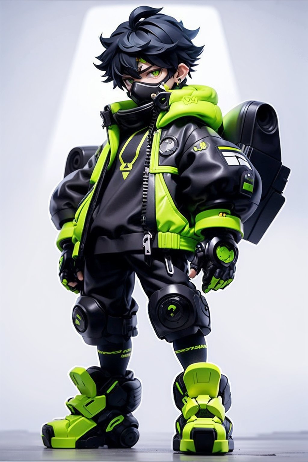 NJIP, green eyes, solo, black hair, 1boy, male focus, earrings, gloves, mask, full body, looking at viewer, jewelry, standing, white background, mecha wind, Green and black color scheme, cool boy