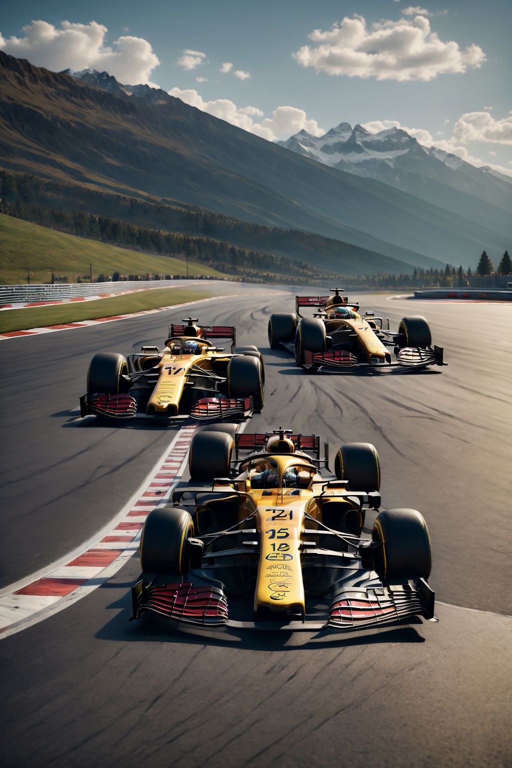 ultra realistic 8k cg,picture-perfect face,flawless,clean,masterpiece,professional artwork,famous artwork,cinematic lighting,cinematic bloom,F1 racing car,outdoors,sky,day,cloud,no humans,shadow,ground vehicle,scenery,motor vehicle,mountain,car,road,vehicle focus,mountainous horizon,