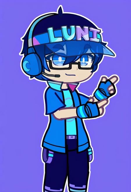 Gacha, GachaLuni, Luni, ((1boy)), blue eyes, pants, glasses, gloves, shirt, fingerless gloves, blue shirt, hat with text LUNI, 