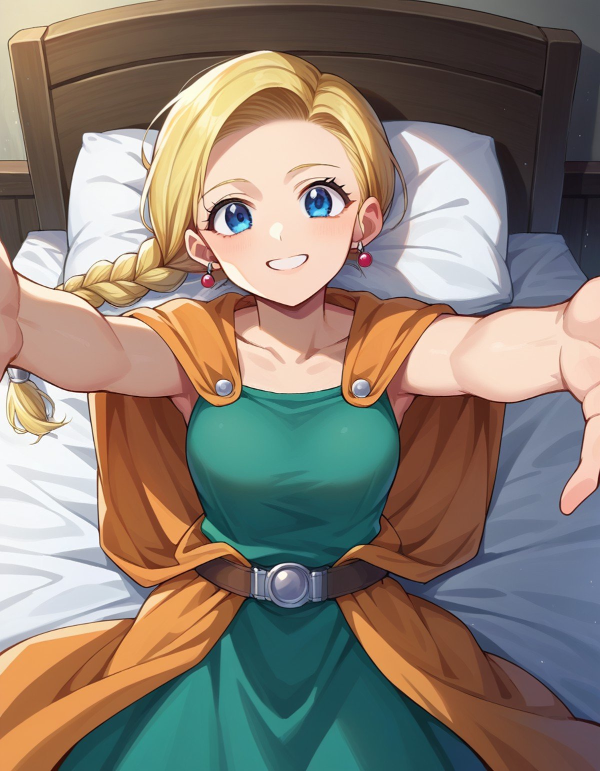 score_9, score_8_up, score_7_up, source_anime,dqbianca, <lora:dq-bianca-ponyxl-lora-nochekaiser:1>,bianca, blonde hair, blue eyes, braid, braided ponytail, long hair, smile,belt, brown belt, cape, dress, earrings, jewelry, green dress,indoors, bed, bed room, on back, arm support, arms up, incoming hug, pov, reaching, reaching towards viewer,looking at viewer, dutch angle, cowboy shot,